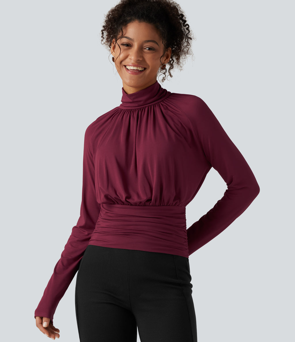 High Neck Long Sleeve Ruched Casual Top — Purple Potion — view 1