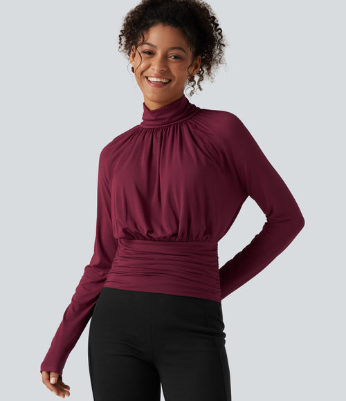 High Neck Long Sleeve Ruched Casual Top — Purple Potion — view 1
