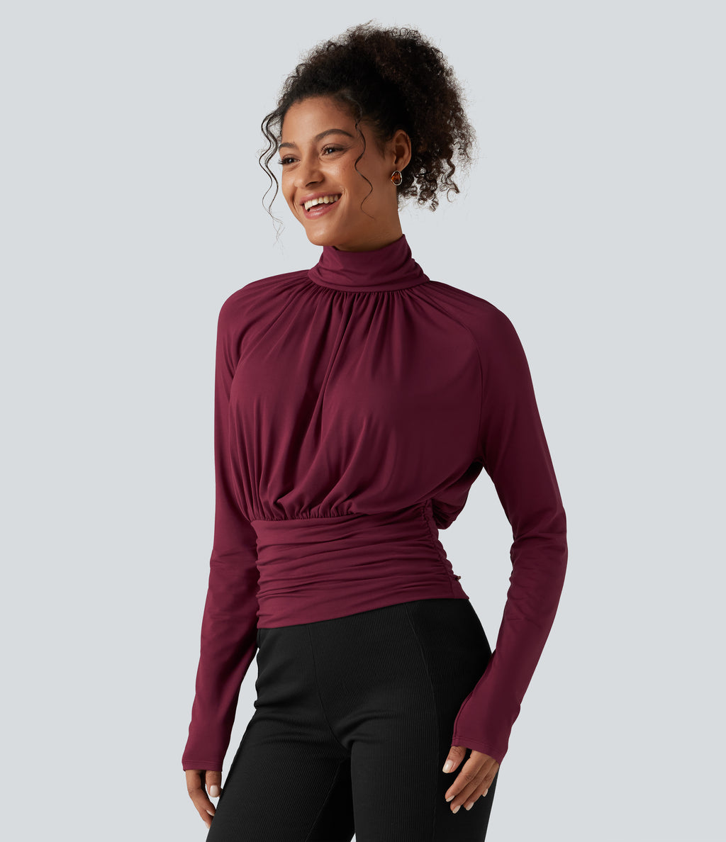 High Neck Long Sleeve Ruched Casual Top — Purple Potion — view 3