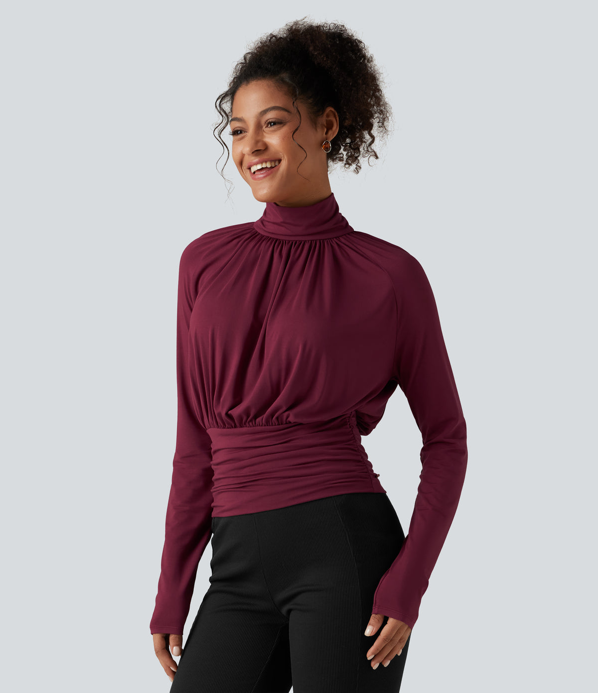 High Neck Long Sleeve Ruched Casual Top — Purple Potion — view 3