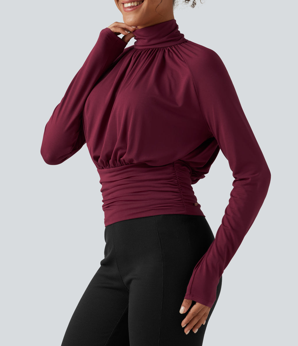 High Neck Long Sleeve Ruched Casual Top — Purple Potion — view 5