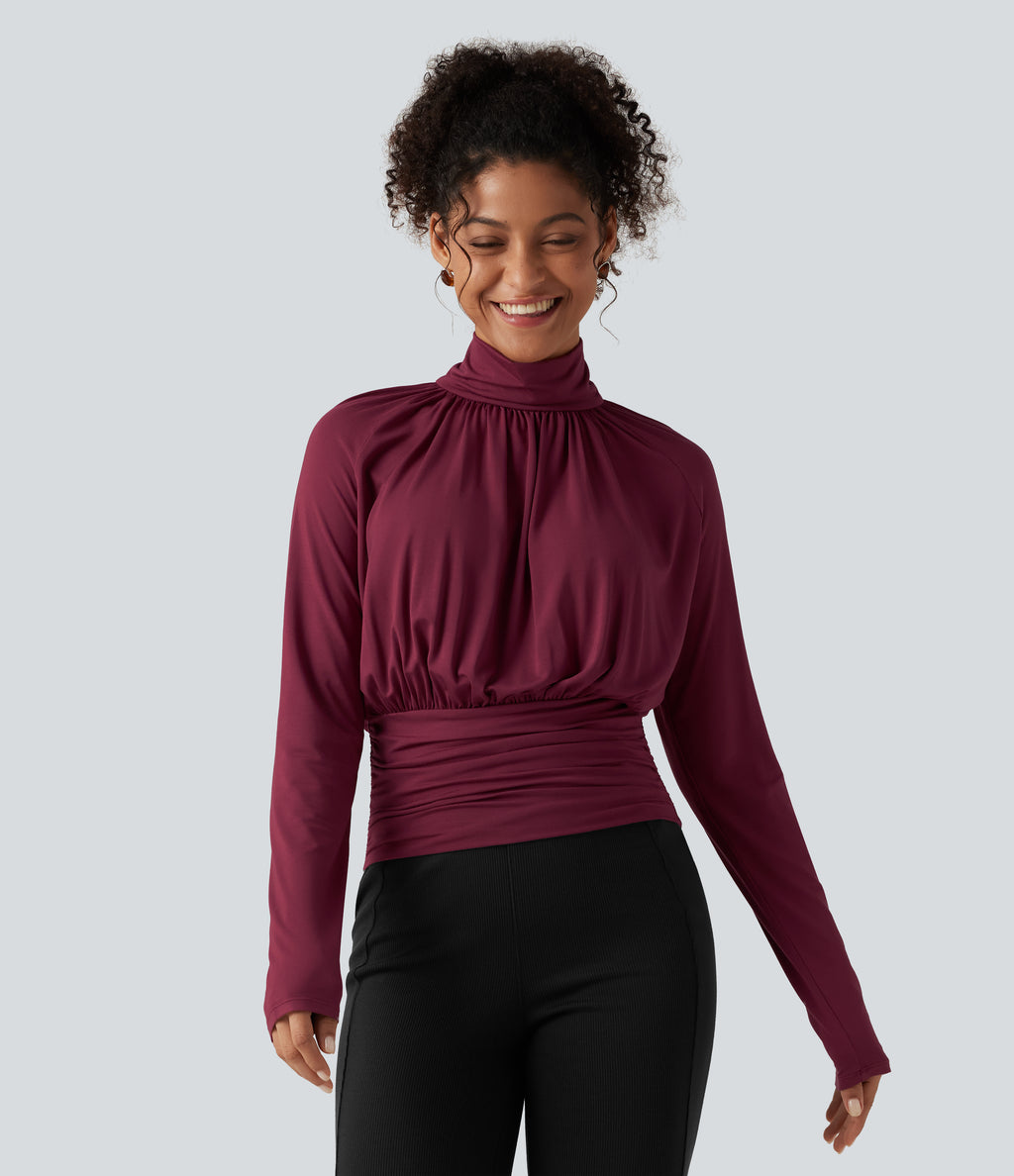 High Neck Long Sleeve Ruched Casual Top — Purple Potion — view 4