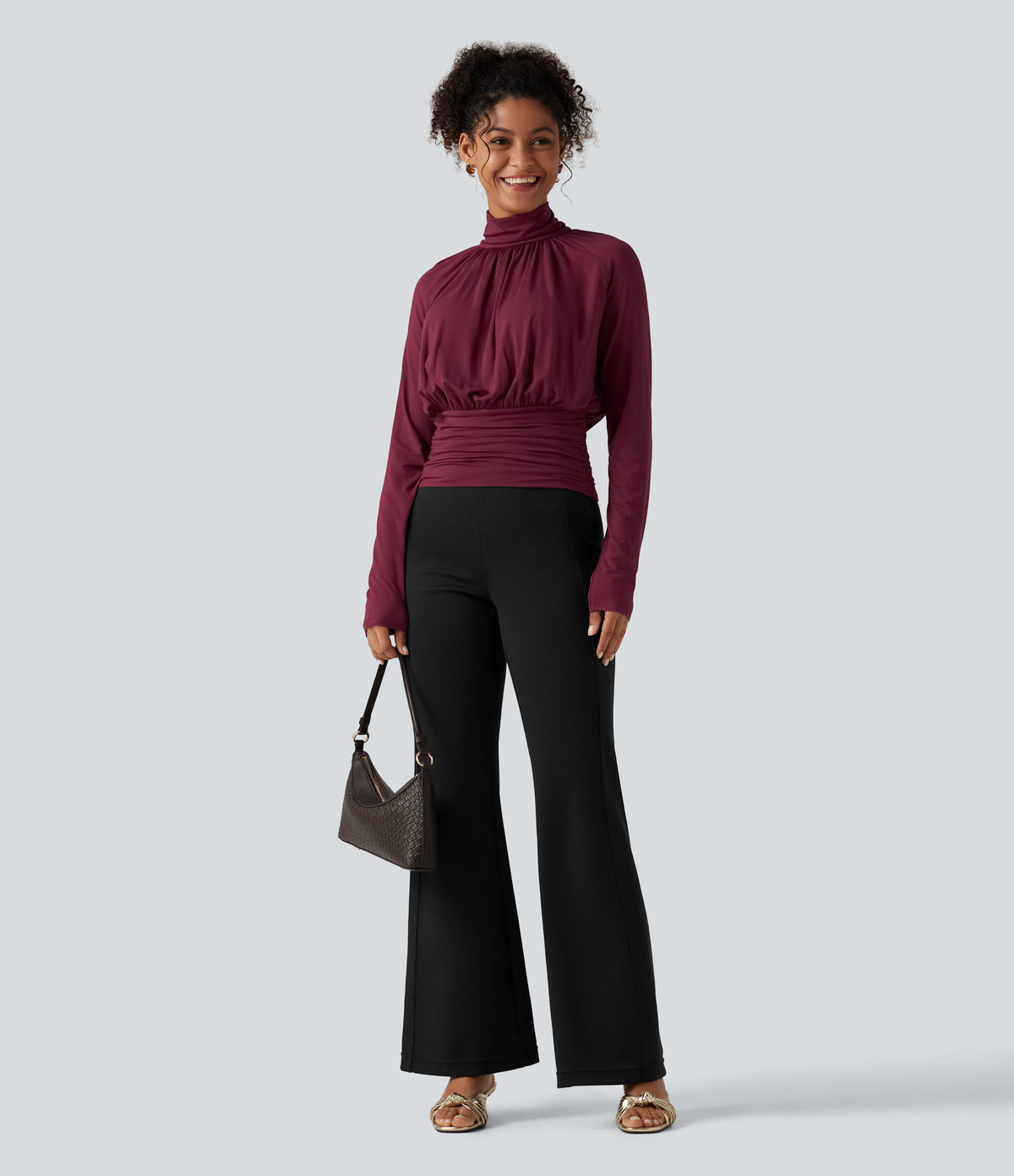 High Neck Long Sleeve Ruched Casual Top — Purple Potion — view 8