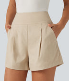 High Waisted Casual Zip Fly Shorts 4" with Pockets — Oatfield Cream — view 4