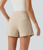 High Waisted Casual Zip Fly Shorts 4" with Pockets — Oatfield Cream — view 2