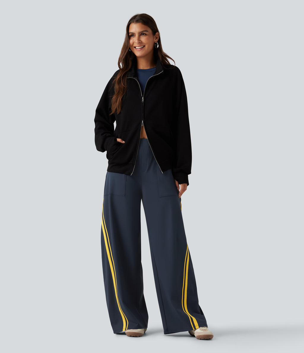 High Waisted Color Block Side Stripe Barrel Dance Trousers with Pockets — Midnight Blue — view 7