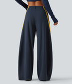 High Waisted Color Block Side Stripe Barrel Dance Trousers with Pockets — Midnight Blue — view 2