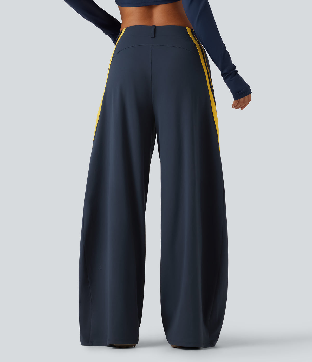 High Waisted Color Block Side Stripe Barrel Dance Trousers with Pockets — Midnight Blue — view 2