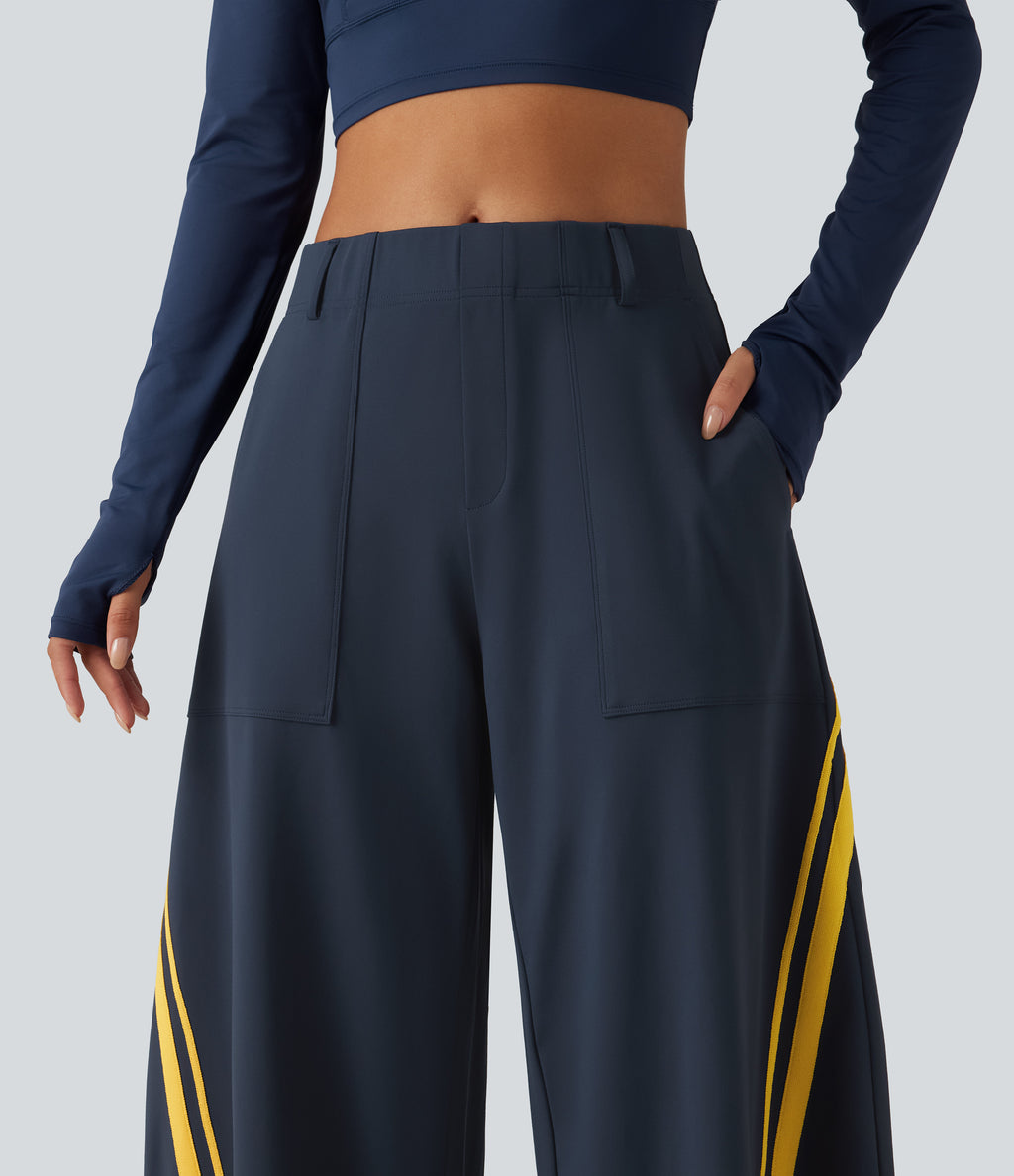 High Waisted Color Block Side Stripe Barrel Dance Trousers with Pockets — Midnight Blue — view 4