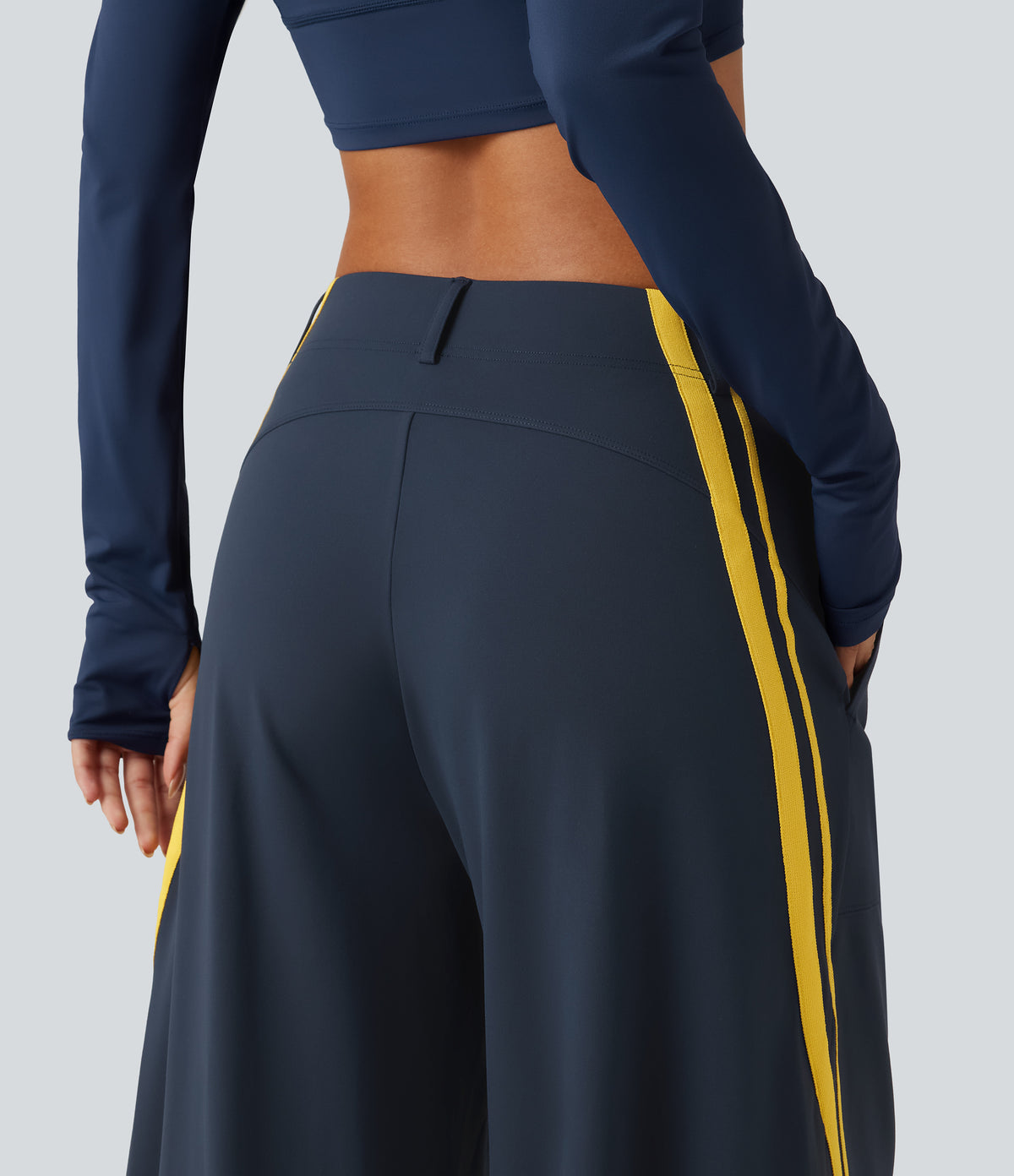 High Waisted Color Block Side Stripe Barrel Dance Trousers with Pockets — Midnight Blue — view 5