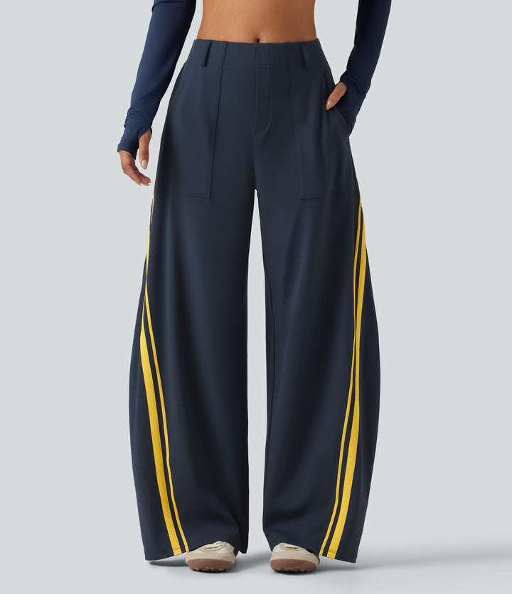 High Waisted Color Block Side Stripe Barrel Dance Trousers with Pockets — Midnight Blue — view 1