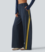 High Waisted Color Block Side Stripe Barrel Dance Trousers with Pockets — Midnight Blue — view 3