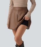 High Waisted Fleece Work PU Leather Mini Skirt with Built-in Shorts and Pockets — Rustic Brown — view 5
