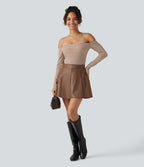 High Waisted Fleece Work PU Leather Mini Skirt with Built-in Shorts and Pockets — Rustic Brown — view 6