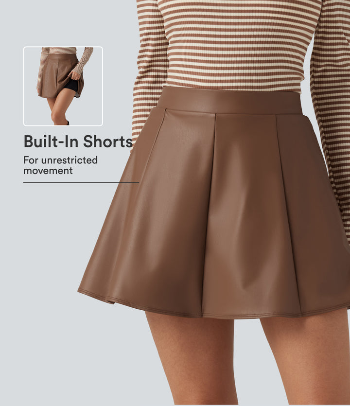 High Waisted Fleece Work PU Leather Mini Skirt with Built-in Shorts and Pockets — Rustic Brown — view 1