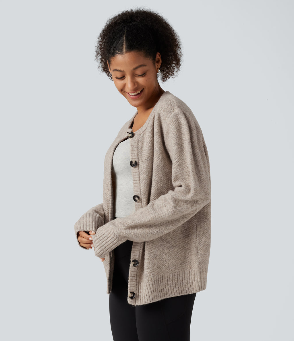 Round Neck Long Sleeve Button Fly Work Jumper — Cement — view 3