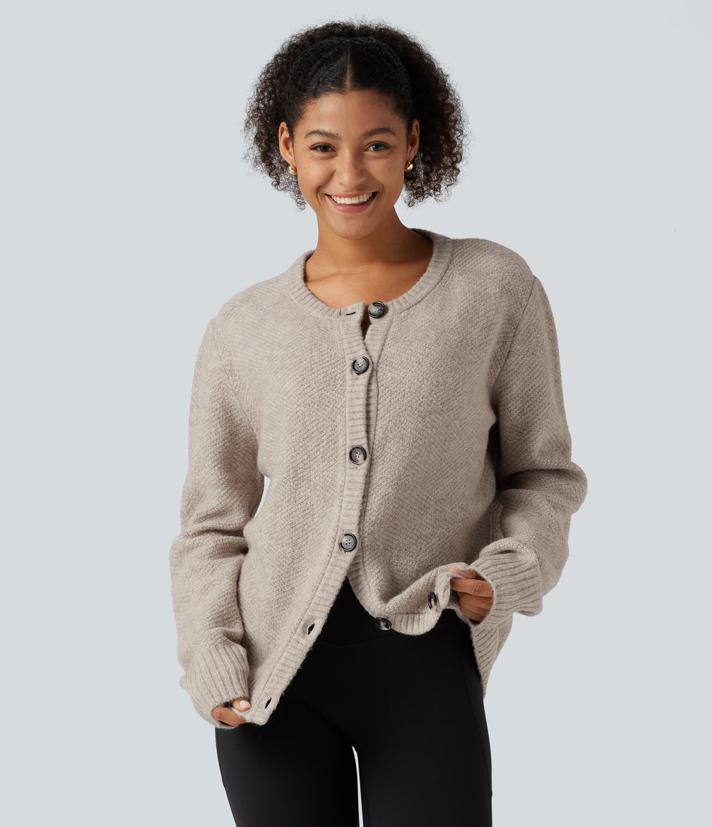 Round Neck Long Sleeve Button Fly Work Jumper — Cement — view 1
