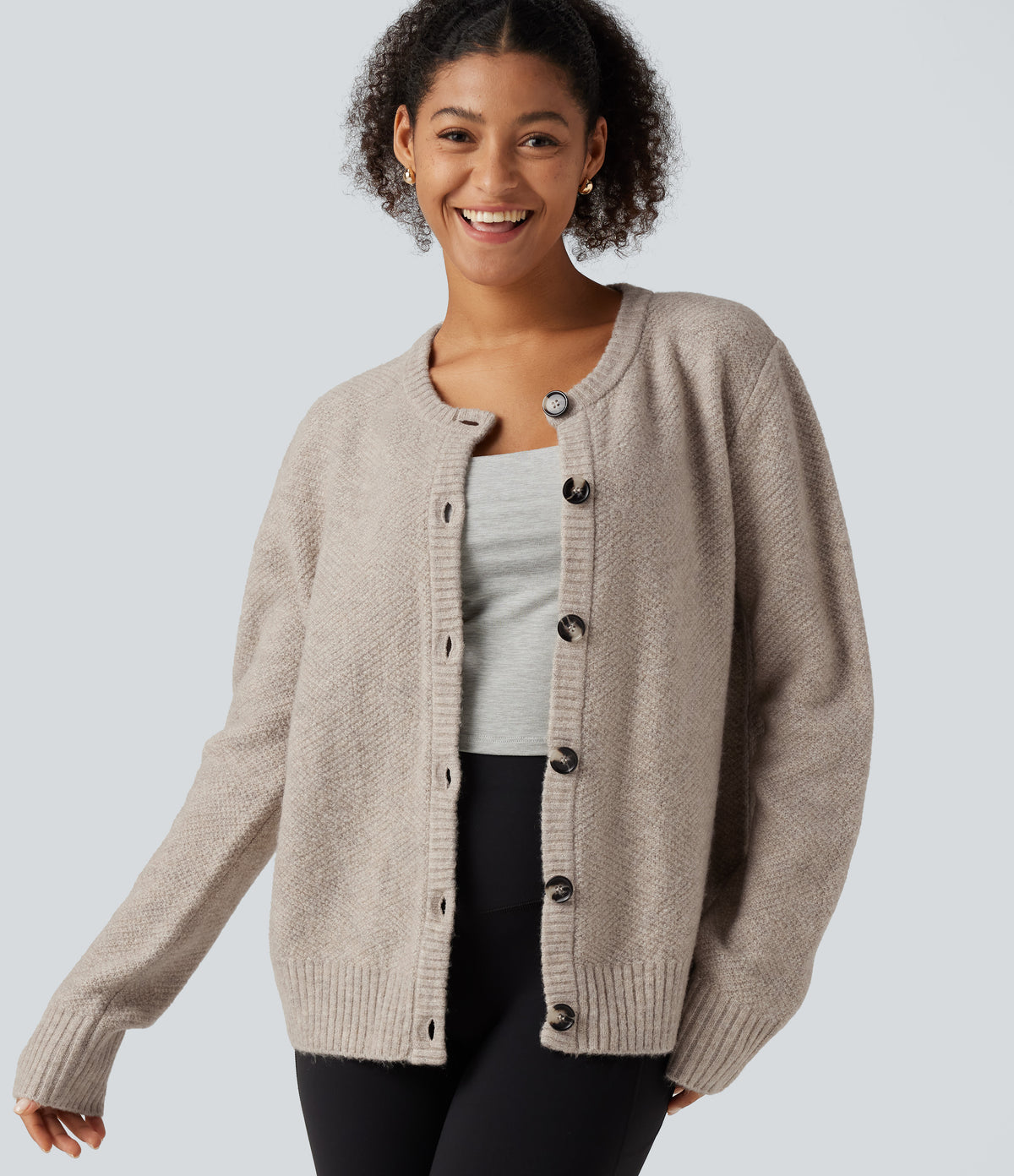 Round Neck Long Sleeve Button Fly Work Jumper — Cement — view 4