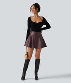 High Waisted Tummy Control Fleece Casual PU Leather Mini Skirt with Built-in Shorts and Pockets — Windsor Wine — view 6