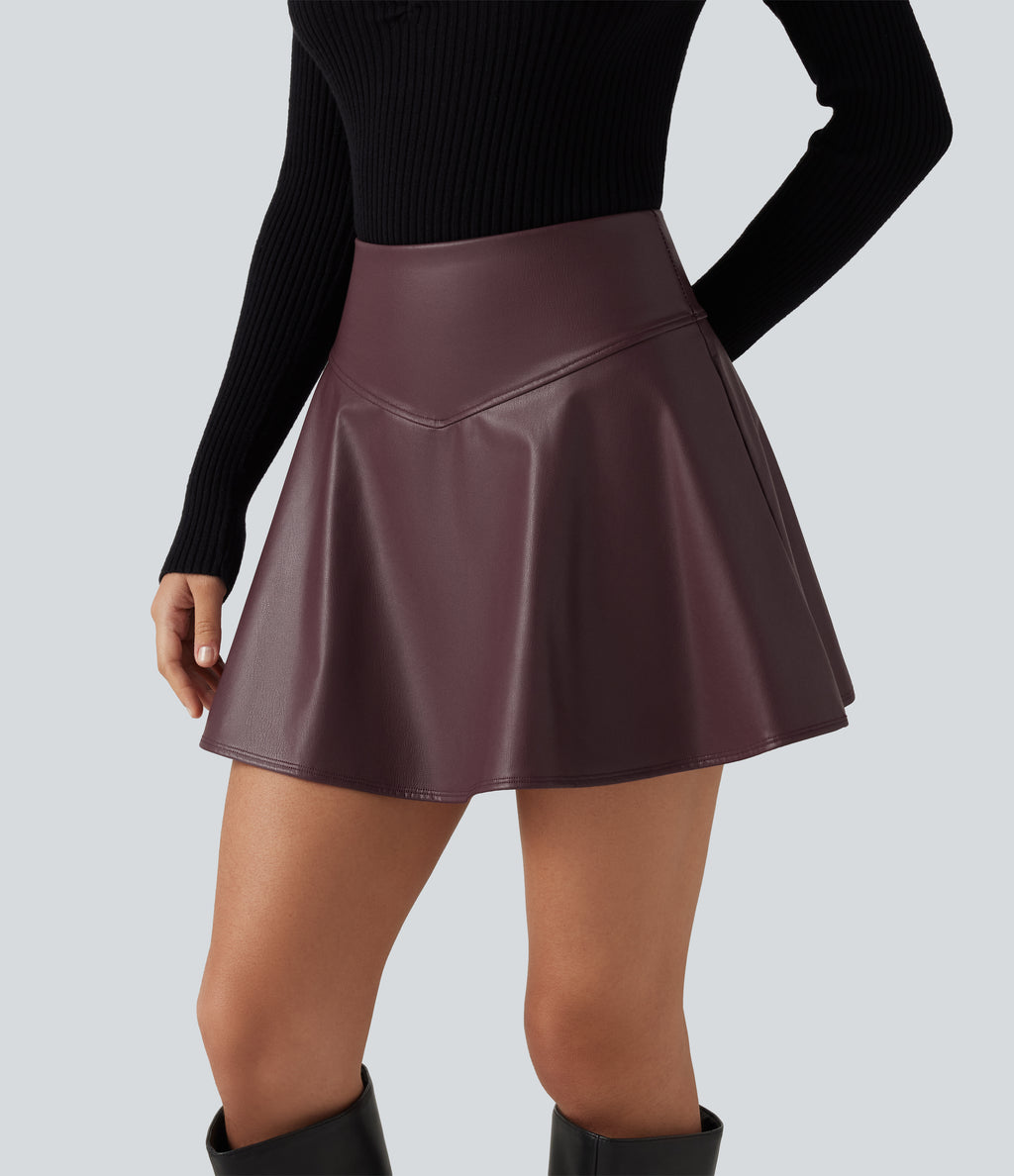 High Waisted Tummy Control Fleece Casual PU Leather Mini Skirt with Built-in Shorts and Pockets — Windsor Wine — view 4