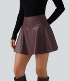 High Waisted Tummy Control Fleece Casual PU Leather Mini Skirt with Built-in Shorts and Pockets — Windsor Wine — view 4