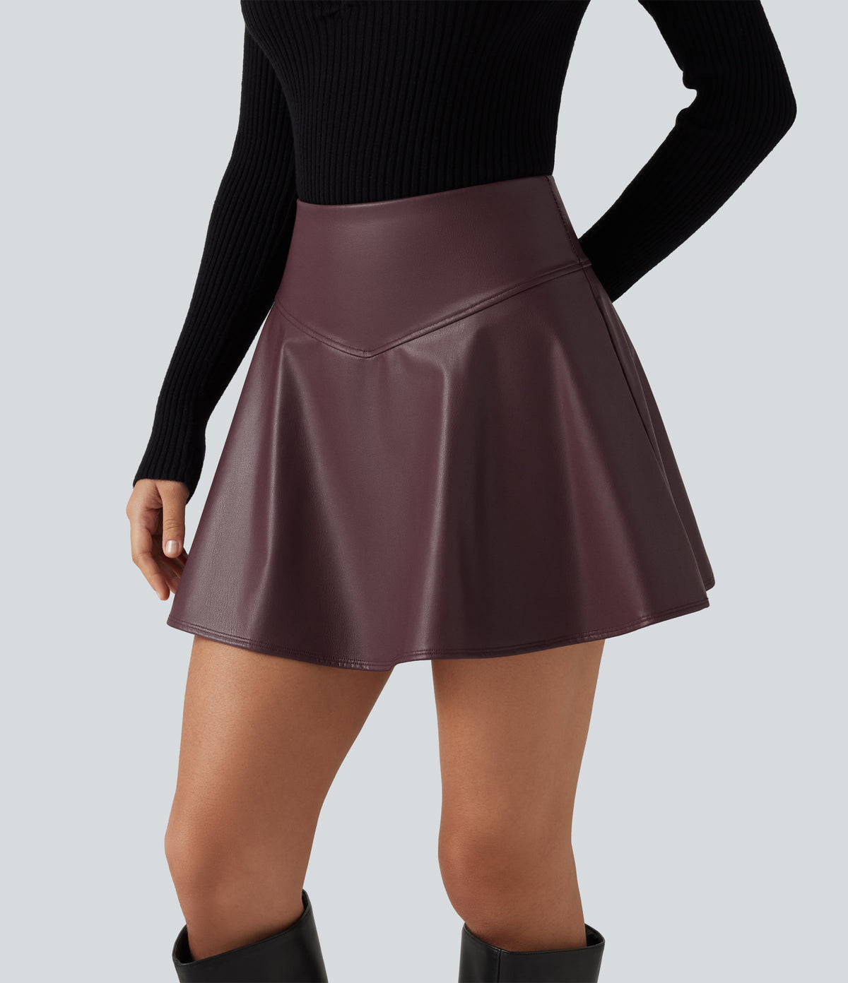 High Waisted Tummy Control Fleece Casual PU Leather Mini Skirt with Built-in Shorts and Pockets — Windsor Wine — view 4