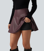 High Waisted Tummy Control Fleece Casual PU Leather Mini Skirt with Built-in Shorts and Pockets — Windsor Wine — view 5