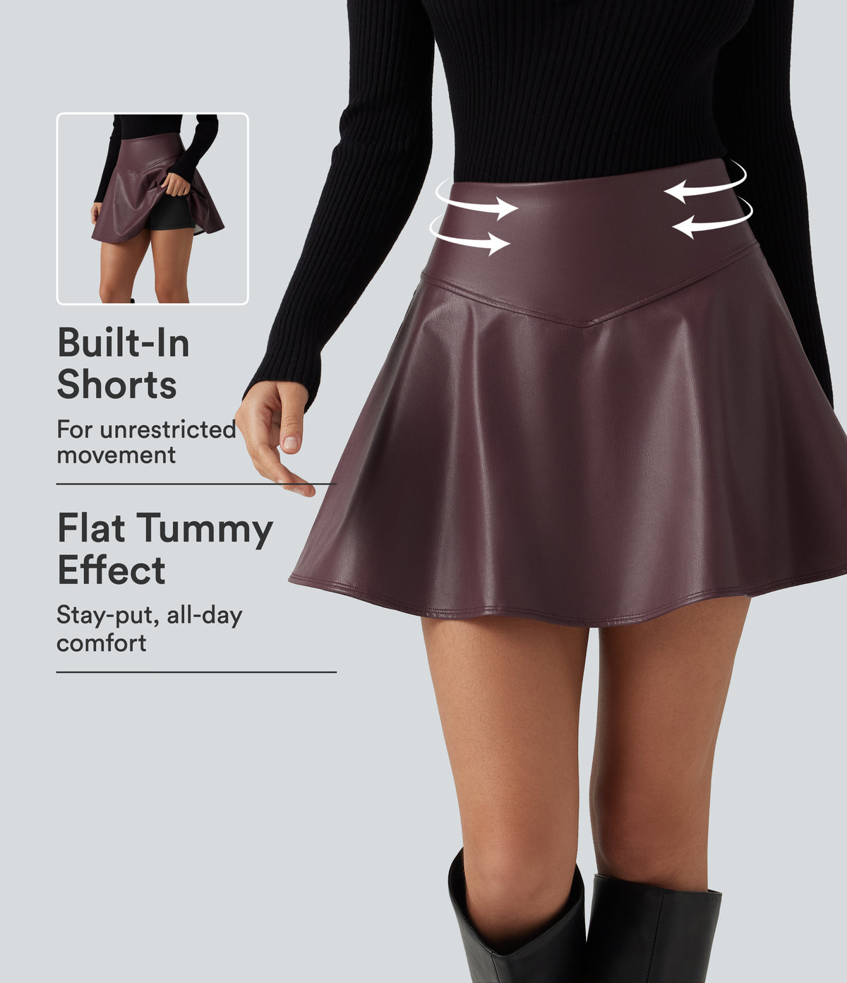 High Waisted Tummy Control Fleece Casual PU Leather Mini Skirt with Built-in Shorts and Pockets — Windsor Wine — view 1