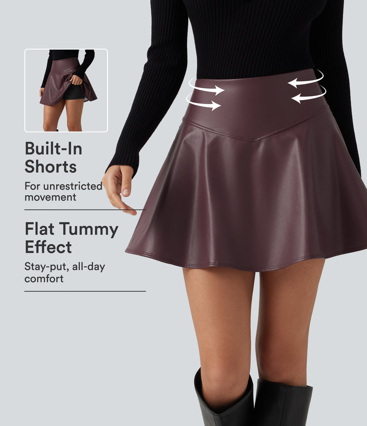 High Waisted Tummy Control Fleece Casual PU Leather Mini Skirt with Built-in Shorts and Pockets — Windsor Wine — view 1