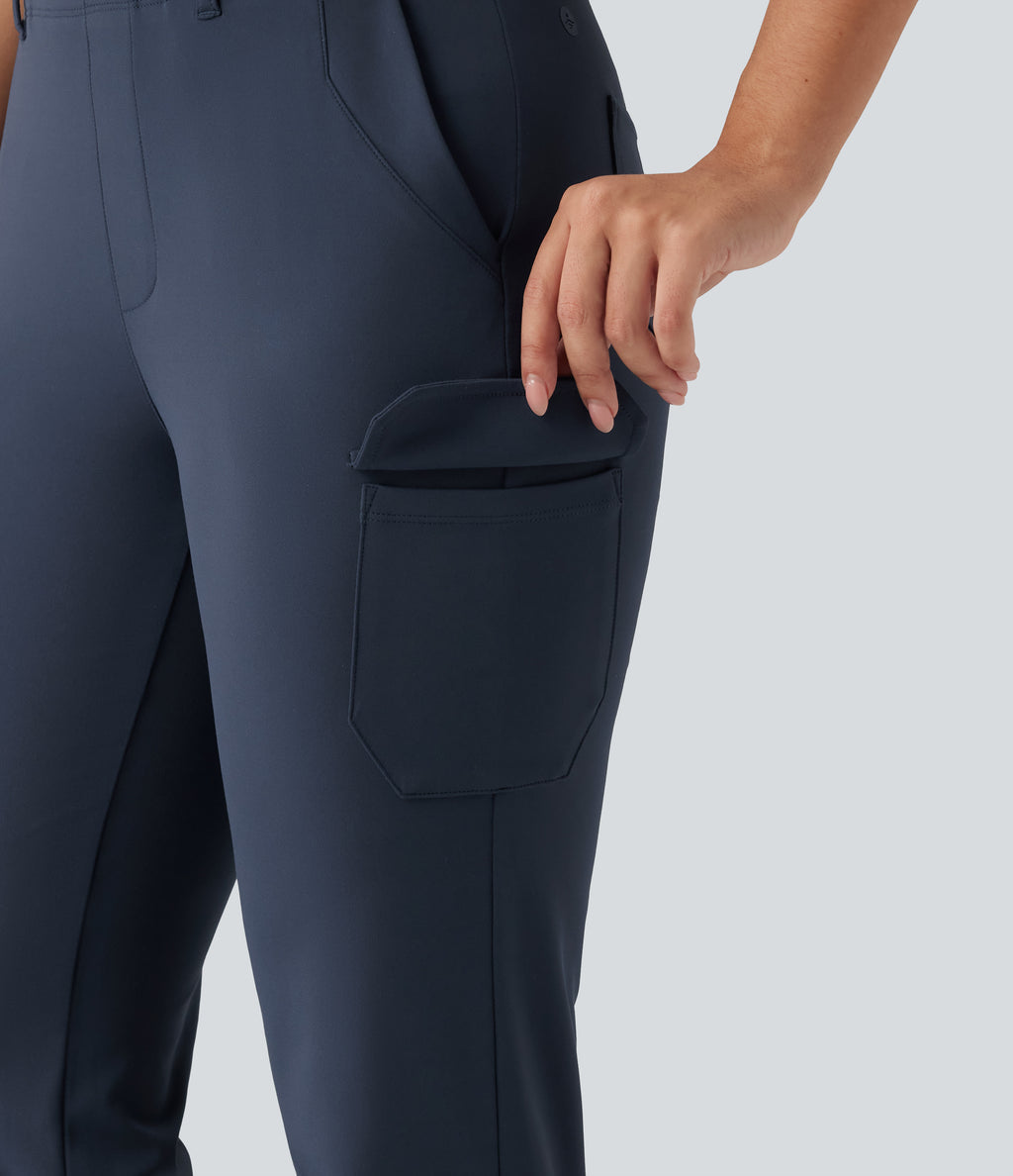 Mid Rise Tapered Rolled Hem Work Cargo Trousers with Pockets — Midnight Blue — view 6