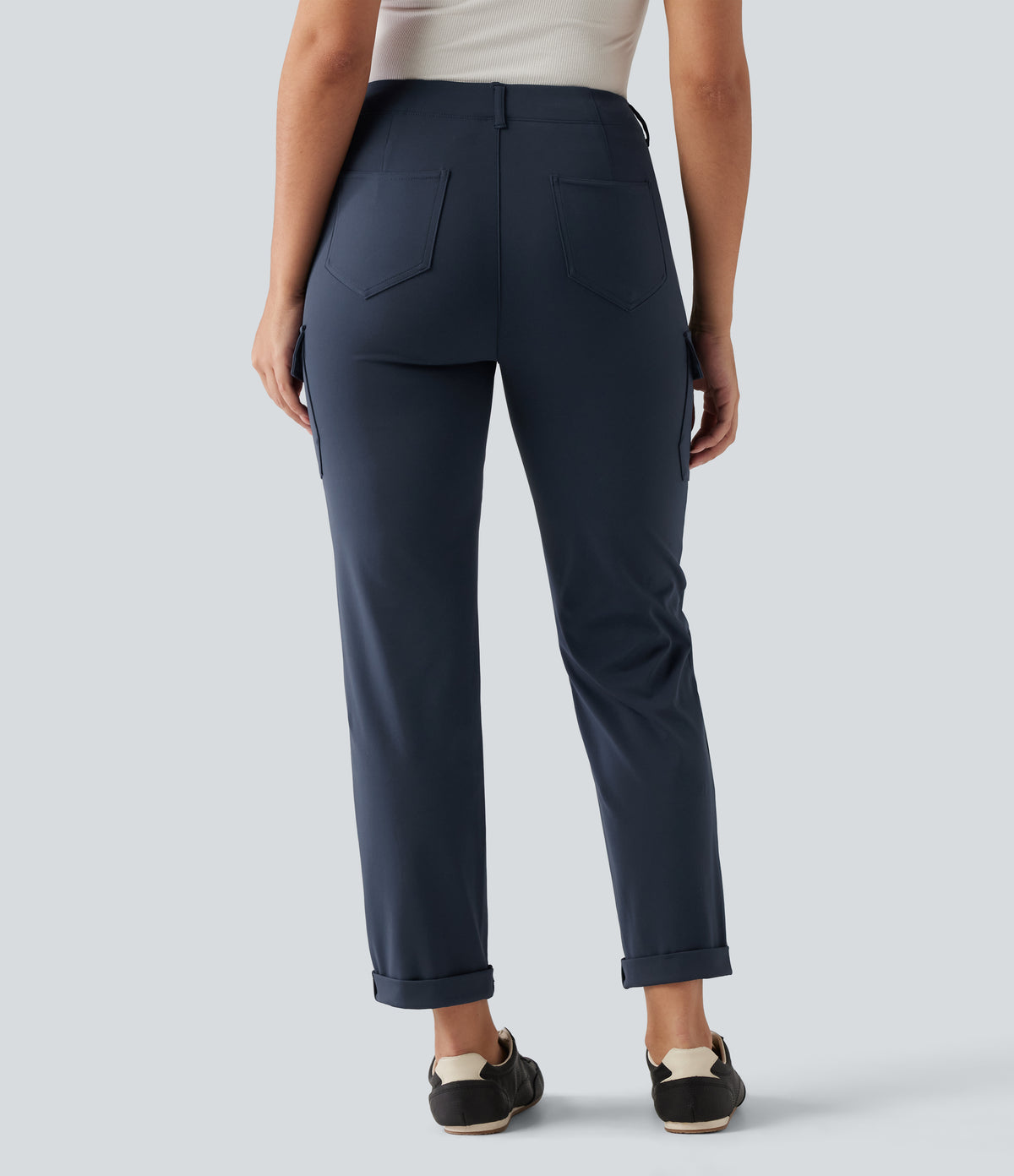 Mid Rise Tapered Rolled Hem Work Cargo Trousers with Pockets — Midnight Blue — view 2