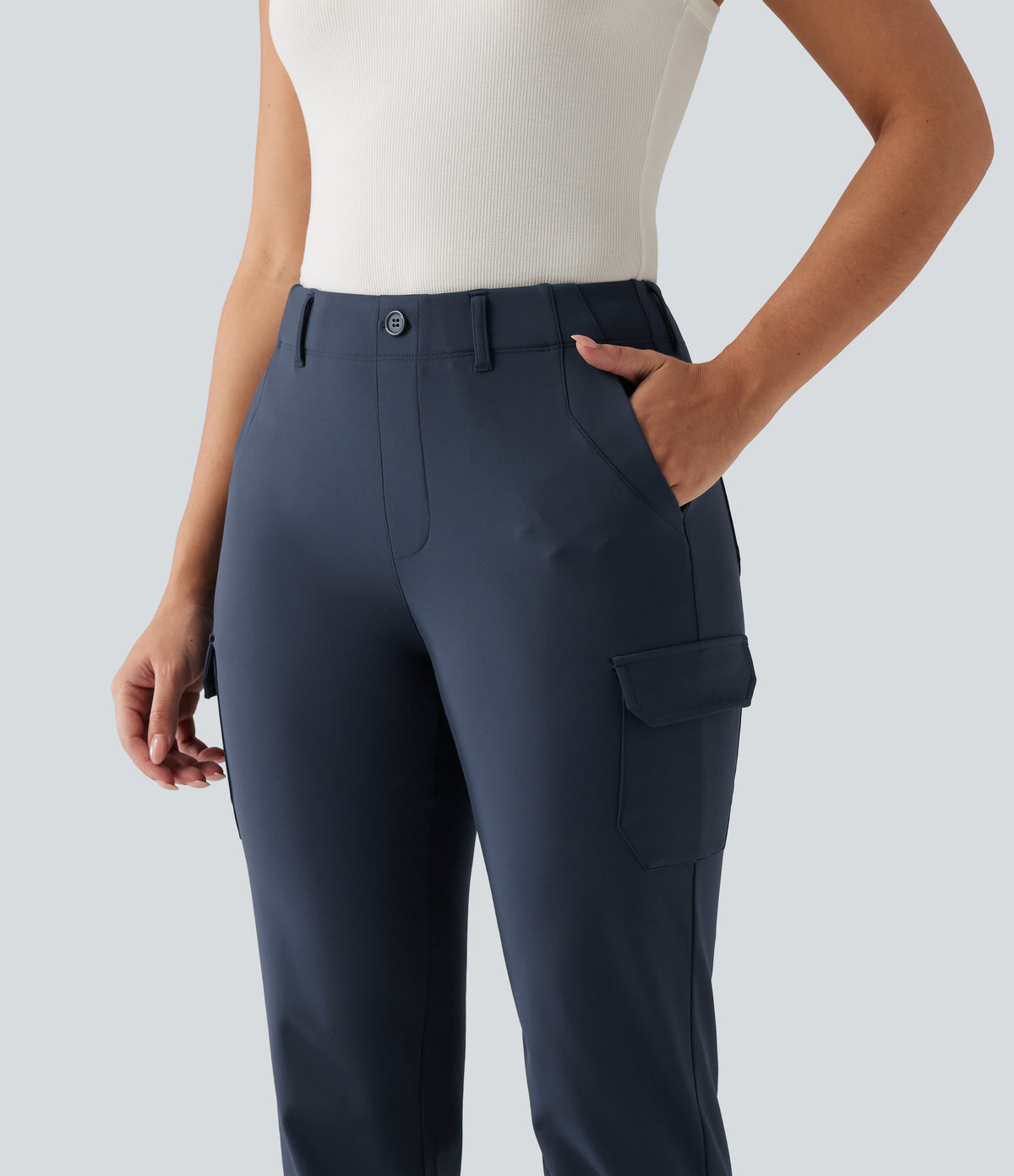 Mid Rise Tapered Rolled Hem Work Cargo Trousers with Pockets — Midnight Blue — view 4