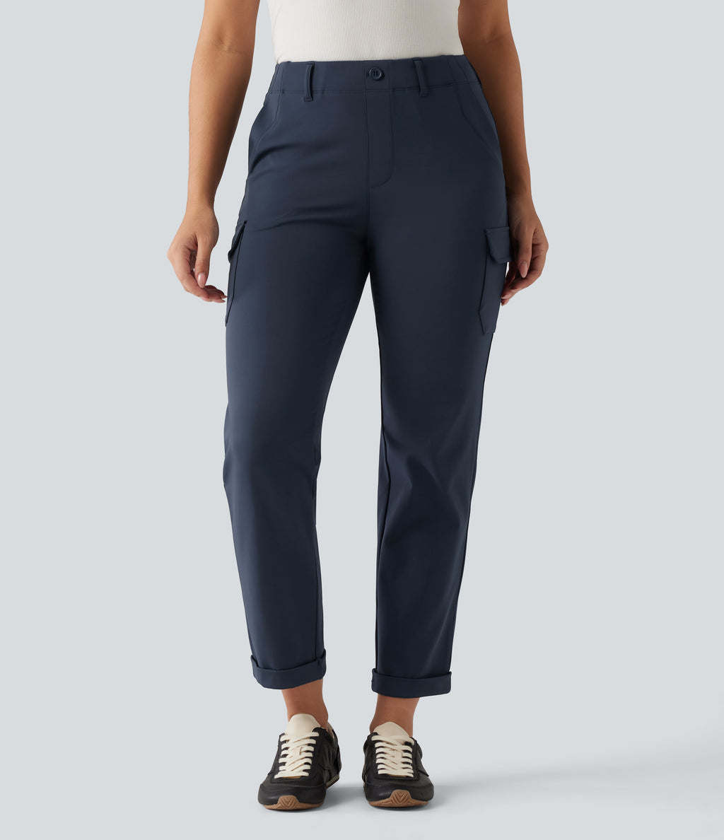 Mid Rise Tapered Rolled Hem Work Cargo Trousers with Pockets — Midnight Blue — view 3