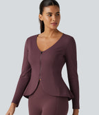 Plush V Neck Long Sleeve Slim Ruffle Hem Yoga Jacket with Pockets — Red Mahogany — view 6