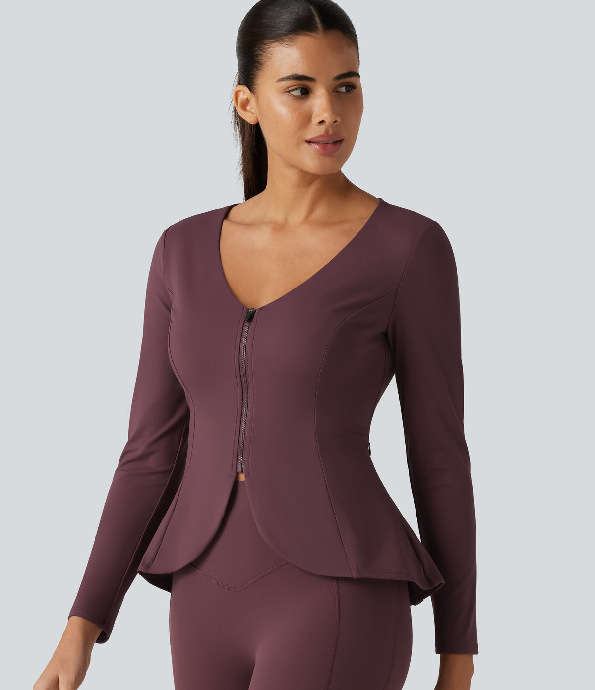 Plush V Neck Long Sleeve Slim Ruffle Hem Yoga Jacket with Pockets — Red Mahogany — view 6