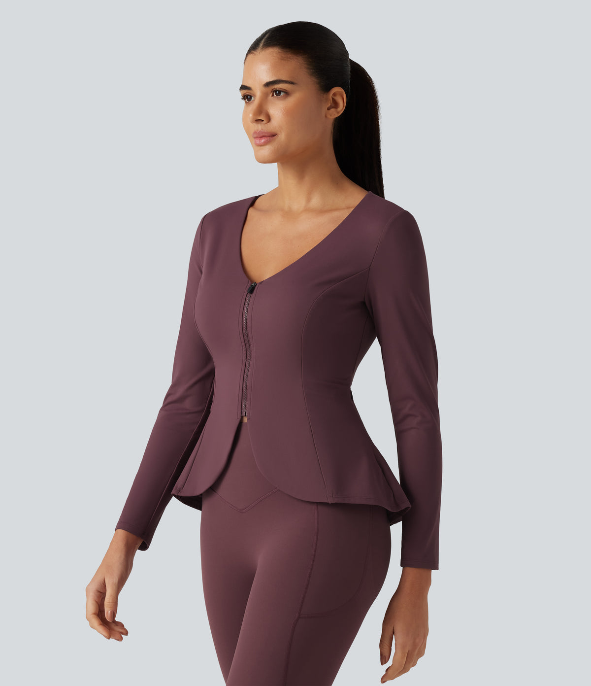 Plush V Neck Long Sleeve Slim Ruffle Hem Yoga Jacket with Pockets — Red Mahogany — view 3