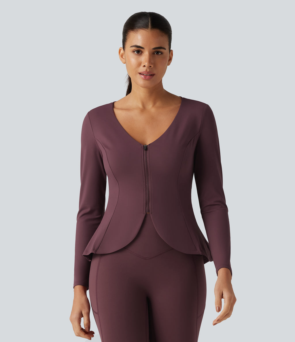 Plush V Neck Long Sleeve Slim Ruffle Hem Yoga Jacket with Pockets — Red Mahogany — view 1