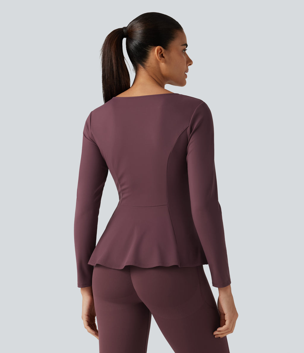 Plush V Neck Long Sleeve Slim Ruffle Hem Yoga Jacket with Pockets — Red Mahogany — view 2