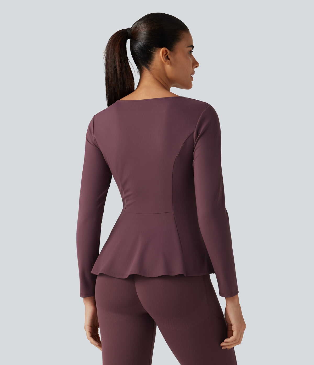 Plush V Neck Long Sleeve Slim Ruffle Hem Yoga Jacket with Pockets — Red Mahogany — view 2