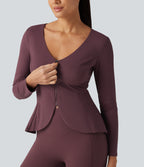 Plush V Neck Long Sleeve Slim Ruffle Hem Yoga Jacket with Pockets — Red Mahogany — view 4