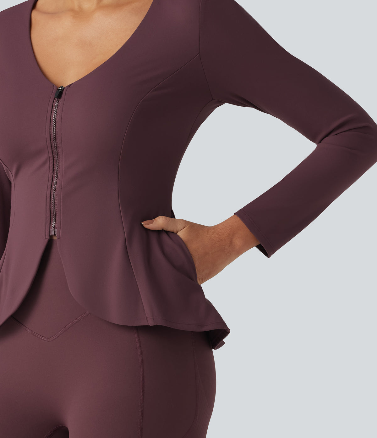 Plush V Neck Long Sleeve Slim Ruffle Hem Yoga Jacket with Pockets — Red Mahogany — view 7