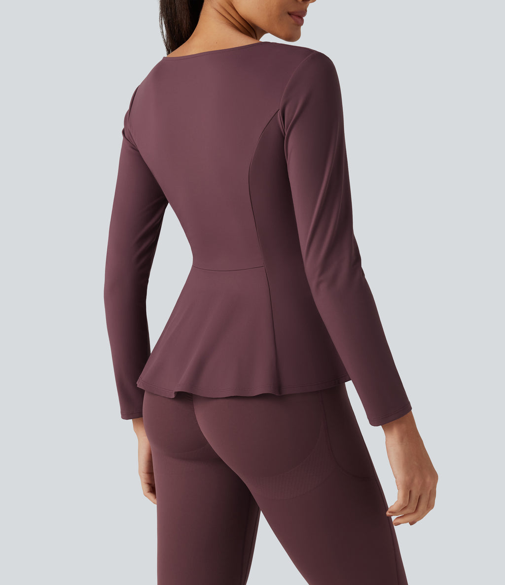 Plush V Neck Long Sleeve Slim Ruffle Hem Yoga Jacket with Pockets — Red Mahogany — view 5