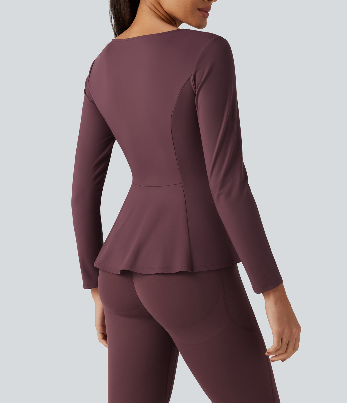Plush V Neck Long Sleeve Slim Ruffle Hem Yoga Jacket with Pockets — Red Mahogany — view 5