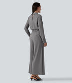 V Neck Long Sleeve Wide Leg Work Jumpsuit with Pockets-Edition — Ultimate Gray — view 2