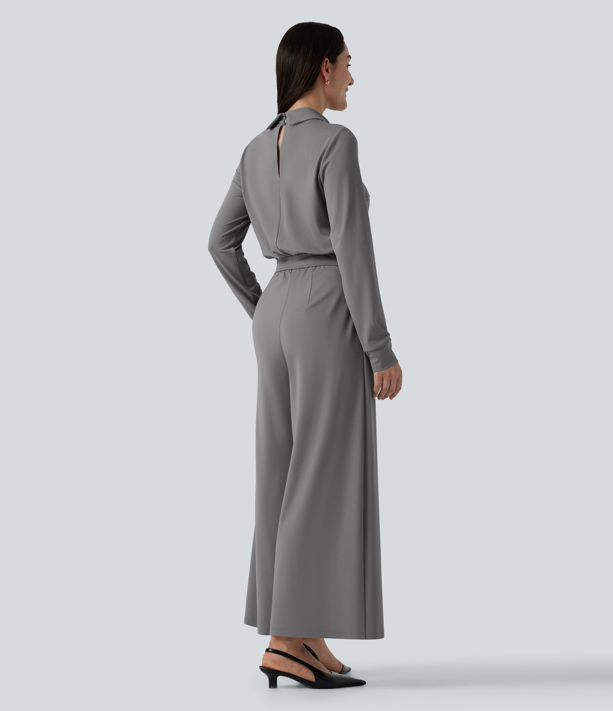 V Neck Long Sleeve Wide Leg Work Jumpsuit with Pockets-Edition — Ultimate Gray — view 2