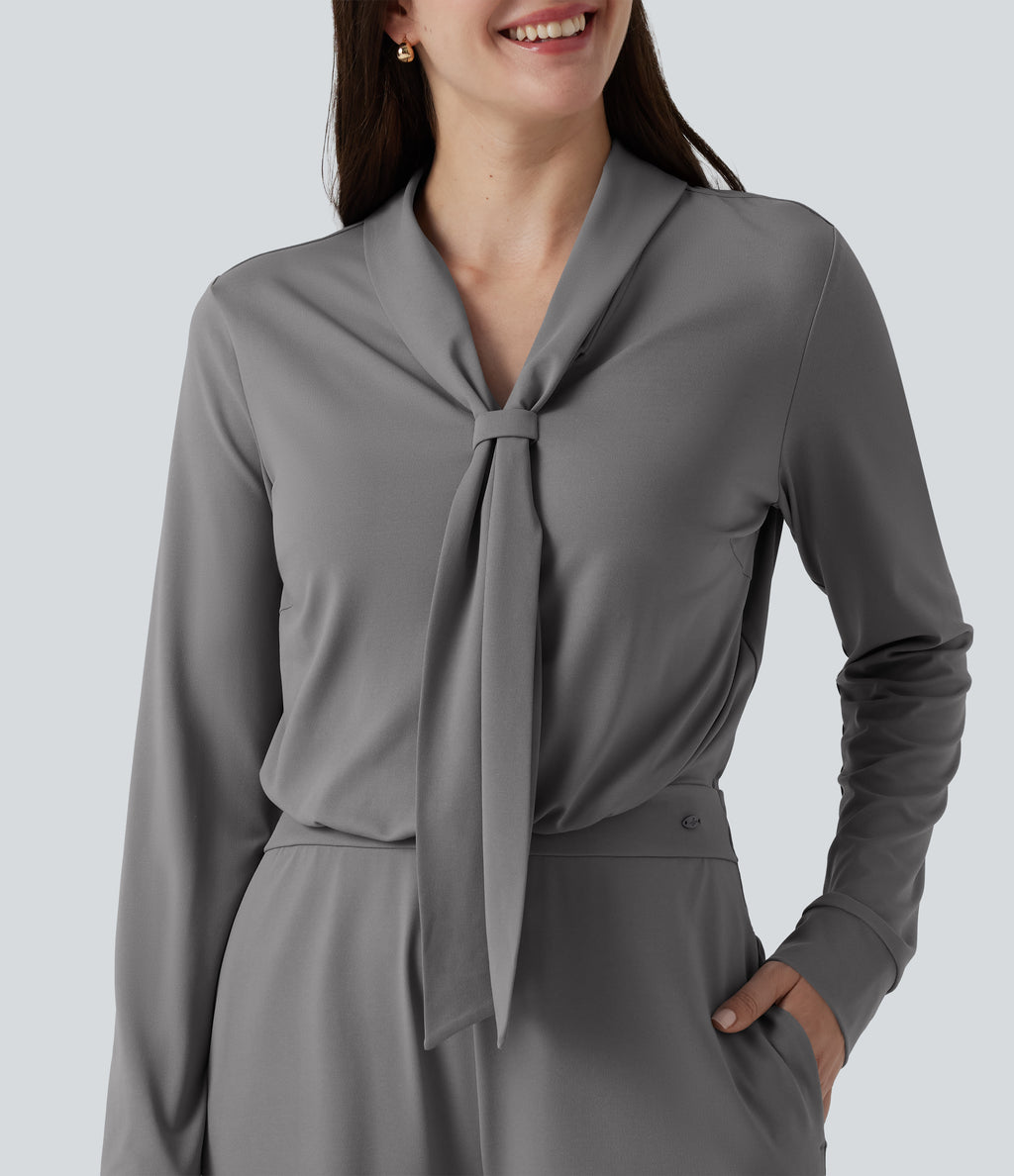V Neck Long Sleeve Wide Leg Work Jumpsuit with Pockets-Edition — Ultimate Gray — view 4