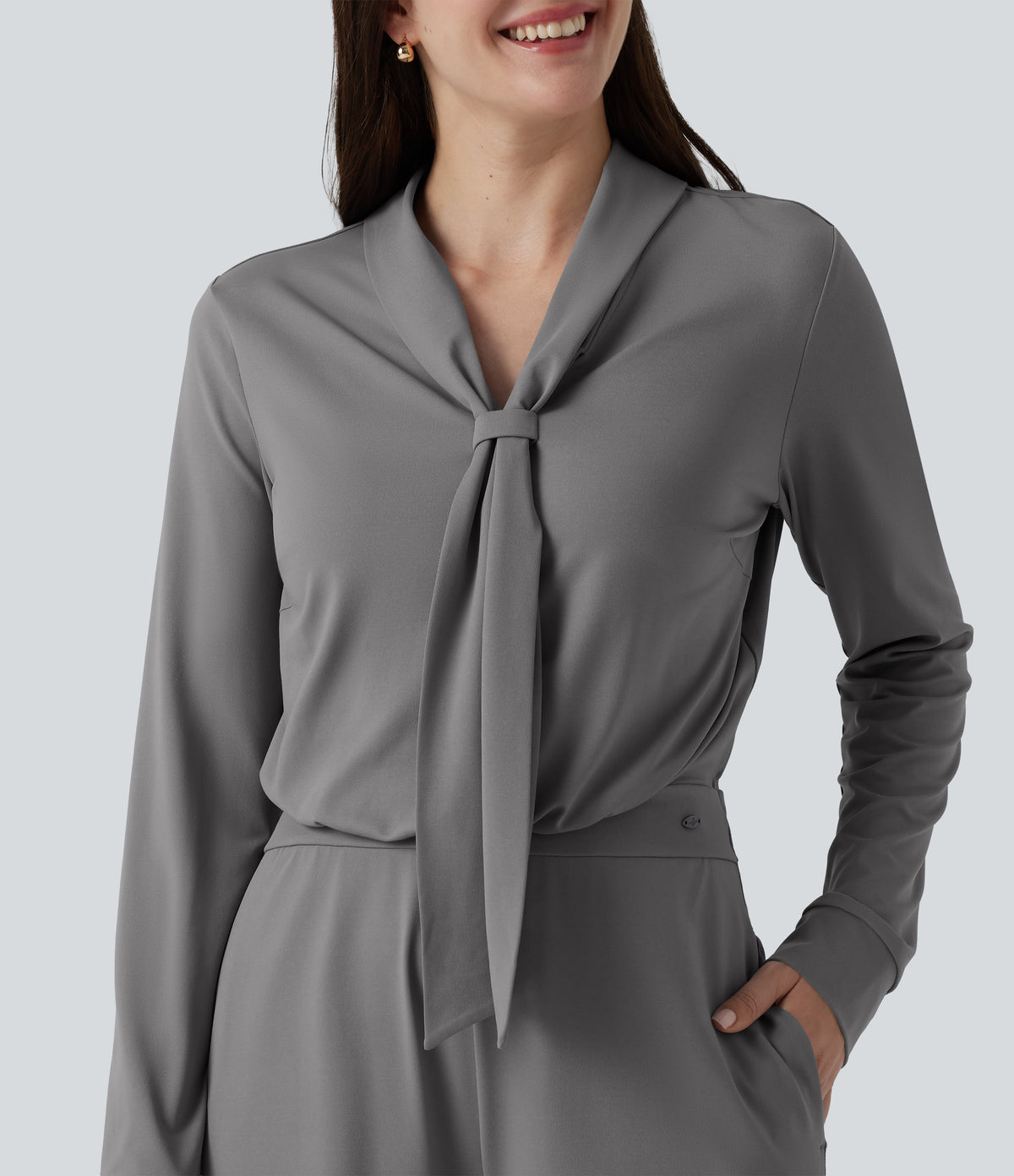 V Neck Long Sleeve Wide Leg Work Jumpsuit with Pockets-Edition — Ultimate Gray — view 4
