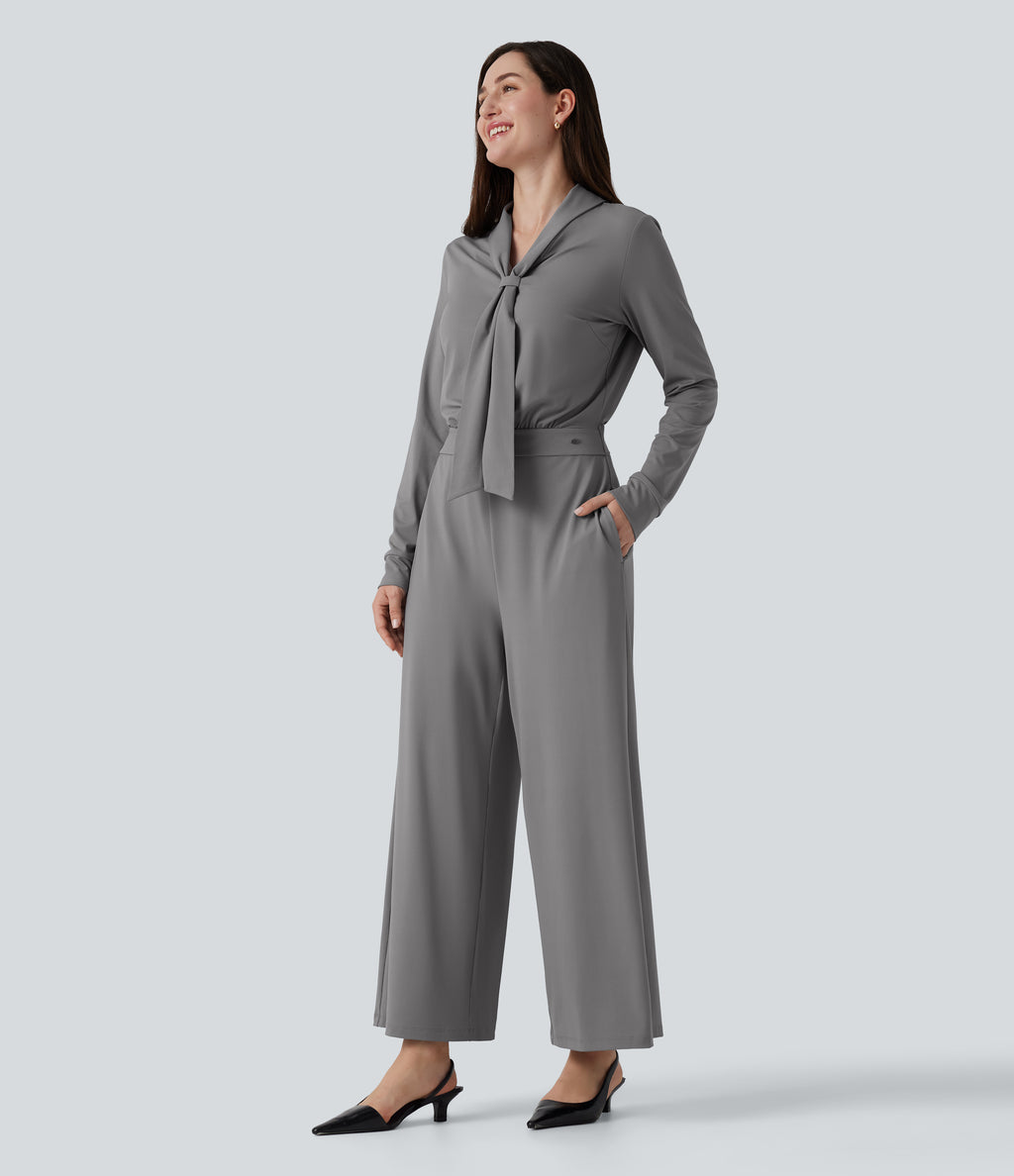 V Neck Long Sleeve Wide Leg Work Jumpsuit with Pockets-Edition — Ultimate Gray — view 3