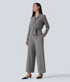 V Neck Long Sleeve Wide Leg Work Jumpsuit with Pockets-Edition — Ultimate Gray — view 3