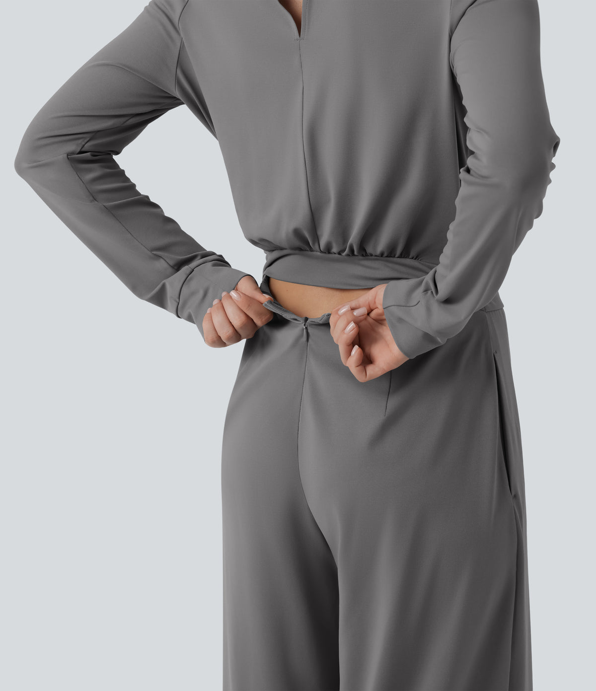 V Neck Long Sleeve Wide Leg Work Jumpsuit with Pockets-Edition — Ultimate Gray — view 7